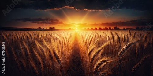 Golden wheat field at sunset in the evening. Nature's harvest is growth. farm in agriculture. Generative AI © 2rogan