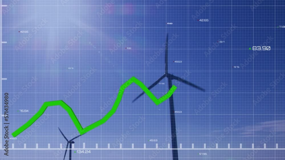 Animation of green line and data processing over wind turbines