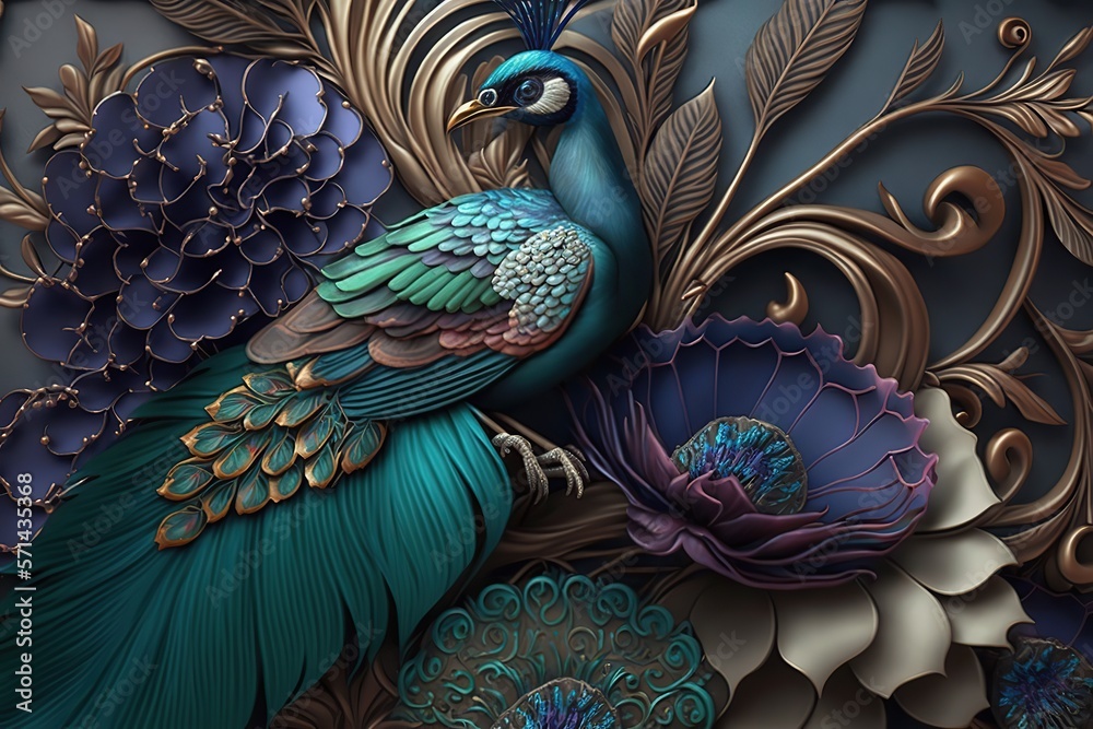 Elegant leather base peacock with feathers and flowers high quality