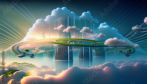 Green ecofriendly city of the future. Futuristic cloud floating city, data transfer, illustration sunrise, ocean, 2 cities connected by a hanging bridge, mountain, magical, landscape - Generative AI #571435708