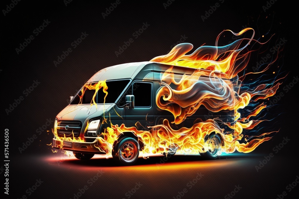 Super fast delivery of package service with van with wheels on fire. Generative AI