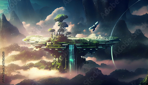 Green ecofriendly city of the future. Futuristic cloud floating city, data transfer, illustration sunrise, ocean, 2 cities connected by a hanging bridge, mountain, magical, landscape - Generative AI #571436569