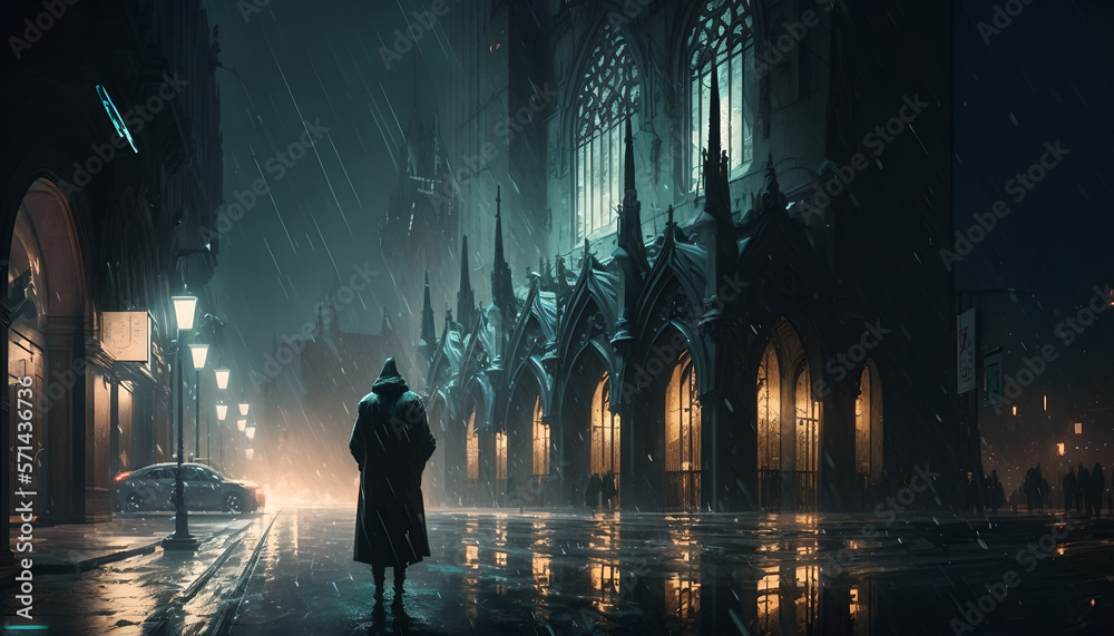 Gothic cathedral on a rainy night, neo-noir cityscape Stock ...