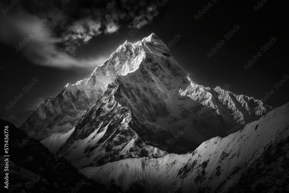 Black and white image of Nepal's Everest region's Thamserku mountain peak. Generative AI