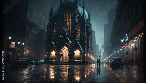 Gothic cathedral on a rainy night, neo-noir cityscape photo