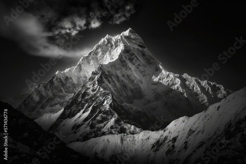 Black and white image of Nepal's Everest region's Thamserku mountain peak. Generative AI photo
