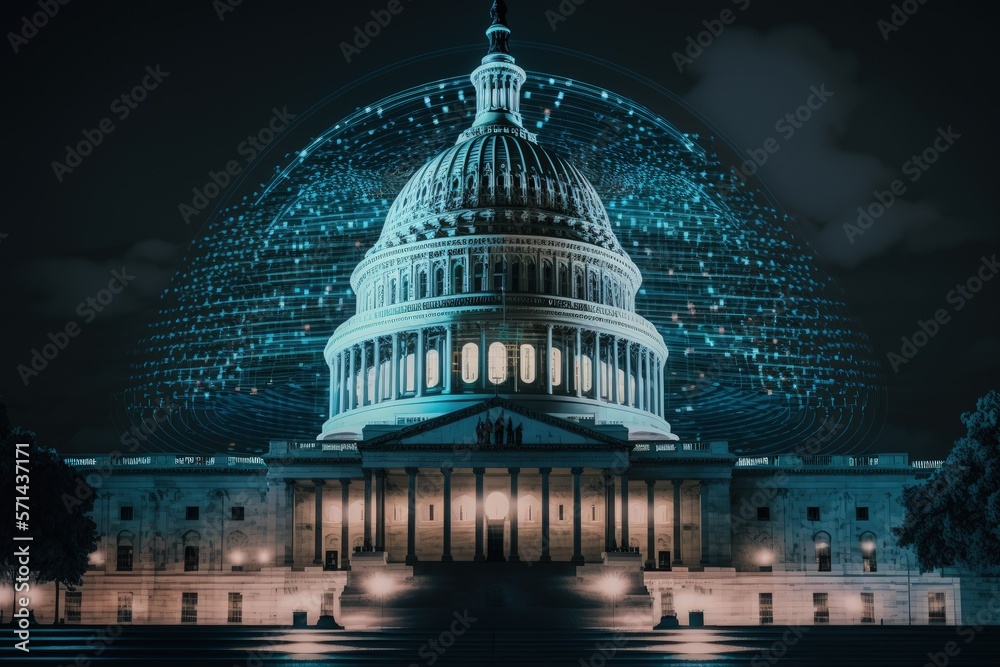 Washington, DC's Capitol dome from the outside. Capitol Hill is where Congress meets. political system in America. Conceptual hologram of artificial intelligence. A.I., machine learning, neural networ - obrazy, fototapety, plakaty 