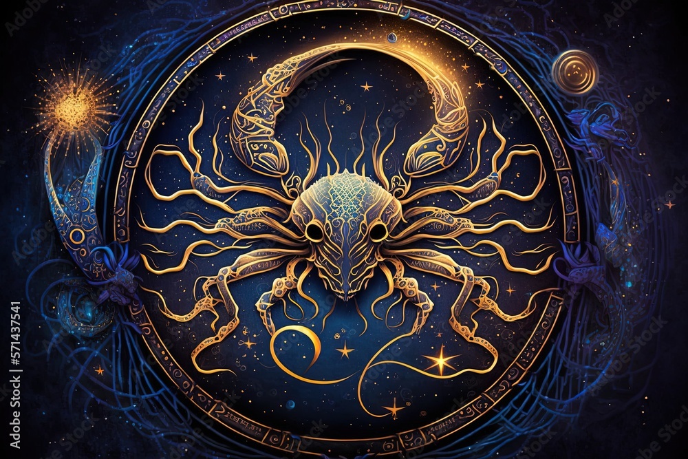 Backdrop of sacred zodiac Cancer symbols, astrology, alchemy, magic ...