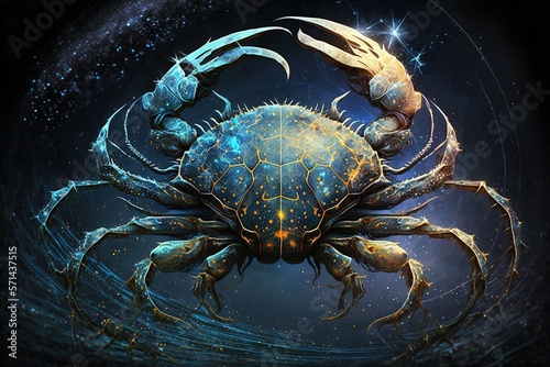 Backdrop of sacred zodiac Cancer symbols, astrology, alchemy, magic, sorcery and fortune telling. generative AI digital painting. Zodiac sign Cancer on the starry sky close up