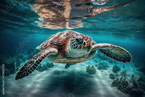 a sea turtle swimming in the clear water of the ocean. turquoise ocean with a turtle. diving with aquatic animals in the wild. Generative AI photo