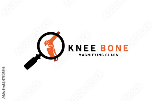 Orthopedic knee joint magnifying glass silhouette symbol logo design