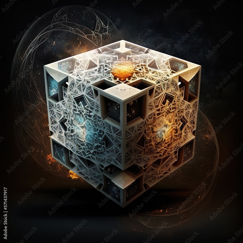 tesseract with fractal design in order and chaos. Abstract multiverse ...