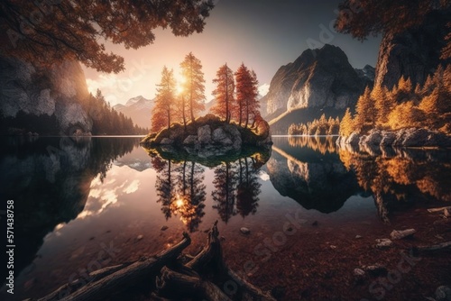Gorgeous autumn sunrise over Hintersee lake. Trees in a lovely setting on a rock island. Location Ramsau Resort, Berchtesgadener Land National Park, Upper Bavaria, Germany Europe's Alps. Generative AI