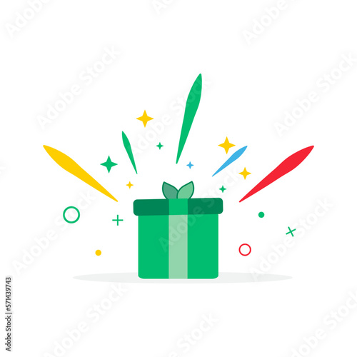 surprise green gift box, birthday celebration, special give away package, loyalty program reward, wonder gift with exclamation mark, vector icon, flat illustration