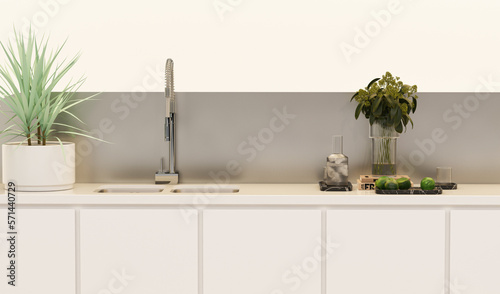 Realistic 3D render of white modern counter top in the kitchen with empty space kitchen countertop with washing sink and faucet  refrigerator. 
