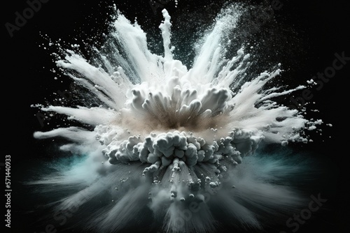 explosion of white powder isolated on a dark background. Generative AI photo