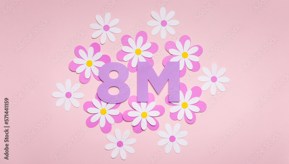 letras 8M para ilustrar el día de la mujer con flores alrededor de papel, margaritas en paper cut - obrazy, fototapety, plakaty 