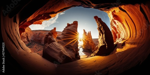Beautiful wide angle image of the spectacular sandstone formations in Antelope Canyon on a sunny morning in the American Southwest, Arizona, USA, close to the historic town of Page. Generative AI
