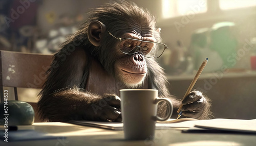 realistic funny monkey studying while drinking coffee. Generative AI © nadunprabodana