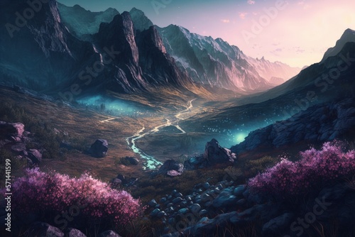 Mountain valley just before dawn. natural landscape of summer. Generative AI