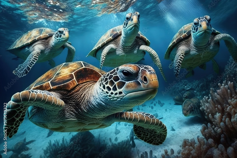 Sea turtles freely swimming in the ocean. Generative AI