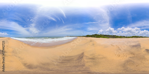 Tropical sandy beach and raging ocean, Arugam Bay, Sri Lanka. 360 panorama VR.
