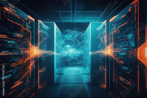 image of a server room processing financial data digitally made concept illustration of global technology and data processing. Generative AI