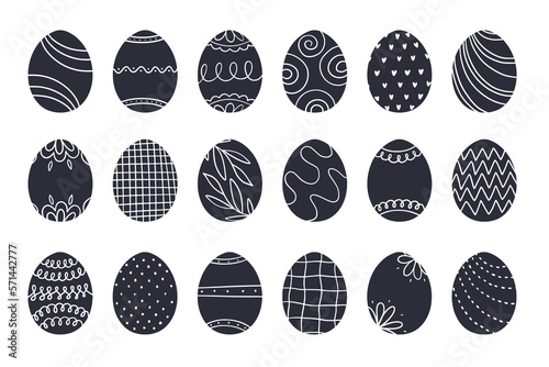 Easter egg collection decorated with Scandinavian style patterns, ornaments and textures. Black and white minimalist painted eggs