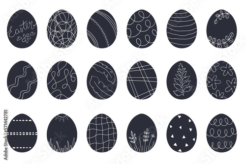 Easter egg collection decorated with Scandinavian style patterns, ornaments and textures. Black and white minimalist painted eggs