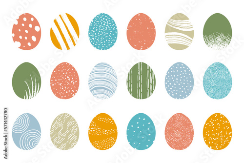 Easter egg collection decorated with Scandinavian style patterns, ornaments and textures. Coloured flat style painted eggs