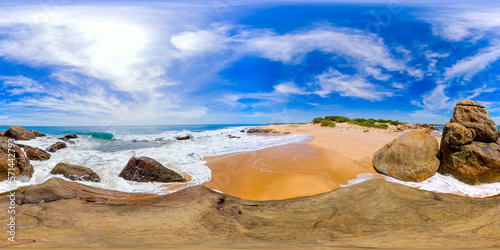 Seascape: Sandy beach and rocks. Wisky point beach, Pottuvil, Sri Lanka. 360 panorama VR. photo