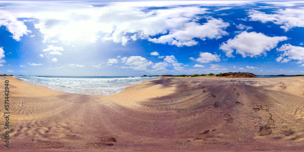 Large sandy beach and blue ocean waves. Arugam Bay, Sri Lanka. 360 panorama VR.