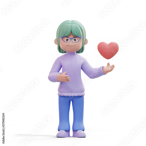 3D illustration of standing beautiful woman carrying red heart love symbol. Cute cartoon smiling attractive girl with casual style in purple and blue