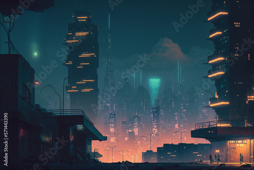 Cyberpunk city in retro futuristic style. Huge futuristic buildings with neon lights  Generated Ai
