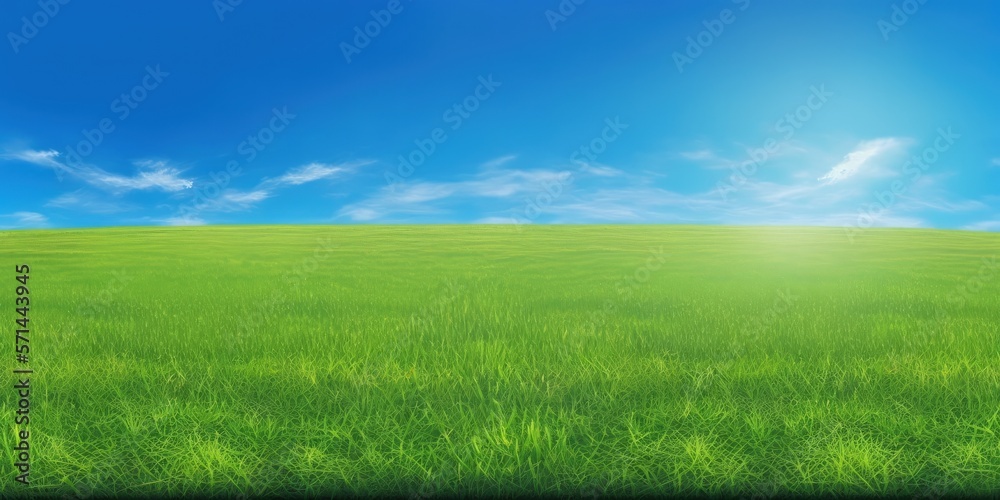 Flat green grass, lawn against a large blue sky on a Sunny day. Wide view of the countryside. Natural background of green grass, fresh juicy shot. Generative AI