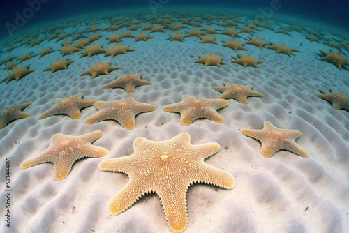 Many cushion starfish underwater on a sandy ocean floor. Generative AI photo