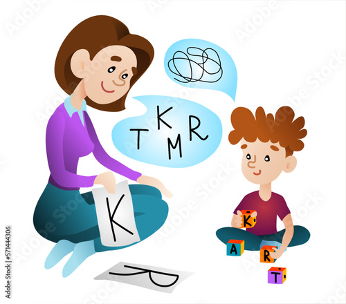 The boy is engaged with a speech therapist. Child training basic language skills with speech therapist isolated flat vector illustration. Articulation problem and speech therapy concept. 