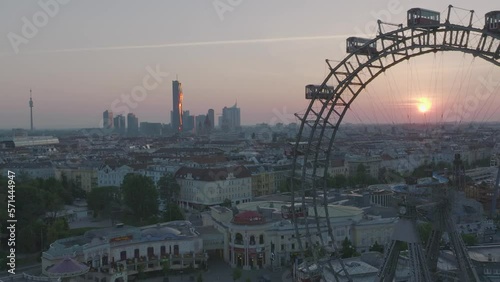 Aerial sunset view of Vienna, famous Prater in Front, skyline in the back.