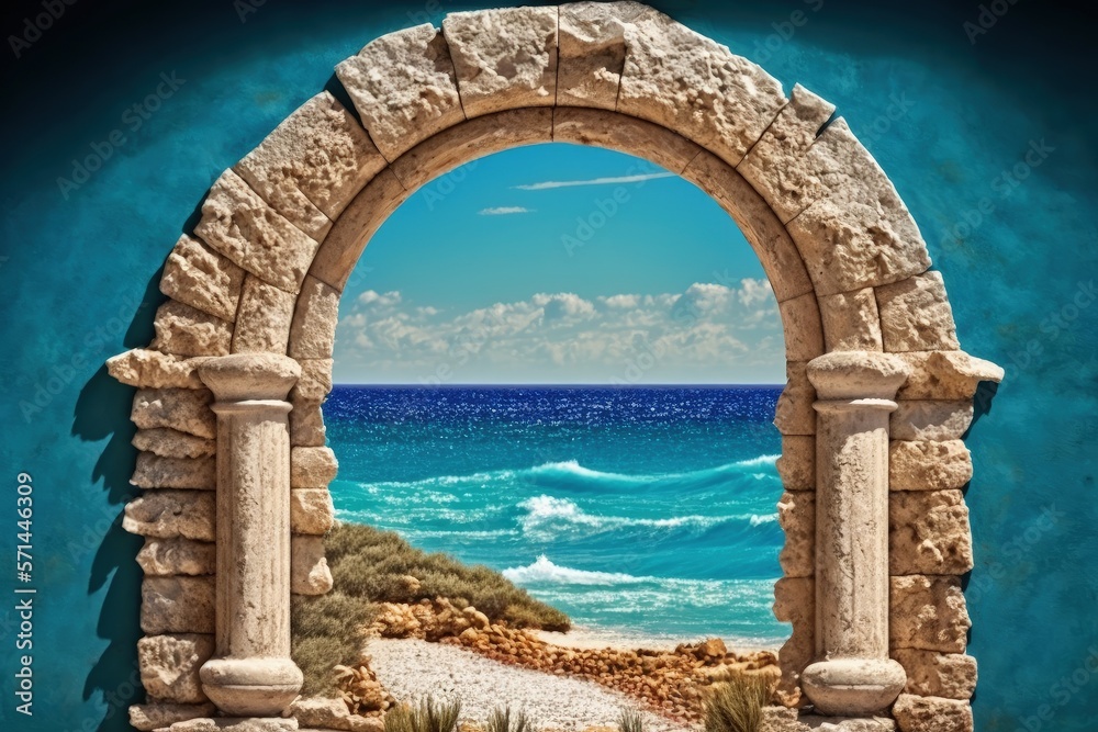 view of the summertime sea through the arch. Generative AI