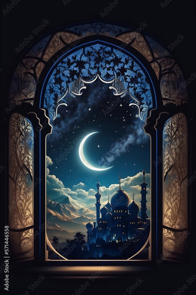 Obraz premium View from window of muslim mosque on night in desert. Ramadan kareem. Ai generative.