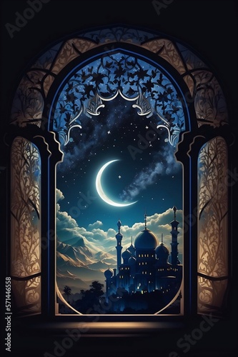 View from window of muslim mosque on night in desert. Ramadan kareem. Ai generative.
