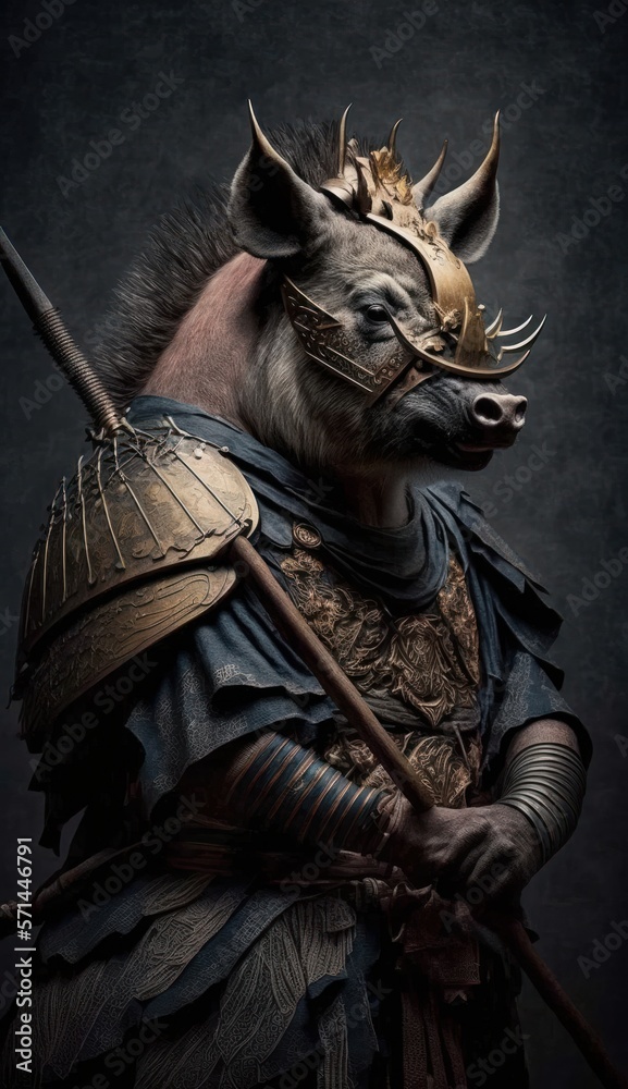 Majestic Animal Wild Boar Shogun in Samurai Armor: A Depiction of Japanese Culture, Armor, Feudal Japan, Bushido, Warrior, Castle, Shogun, Feudal Lord, Ronin (generative AI)