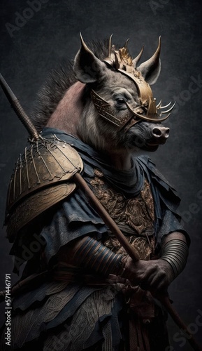 Majestic Animal Wild Boar Shogun in Samurai Armor: A Depiction of Japanese Culture, Armor, Feudal Japan, Bushido, Warrior, Castle, Shogun, Feudal Lord, Ronin (generative AI)