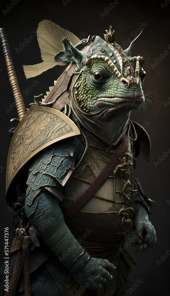 Majestic Animal Chameleon Shogun in Samurai Armor: A Depiction of Japanese Culture, Armor, Feudal Japan, Bushido, Warrior, Castle, Shogun, Feudal Lord, Ronin (generative AI)