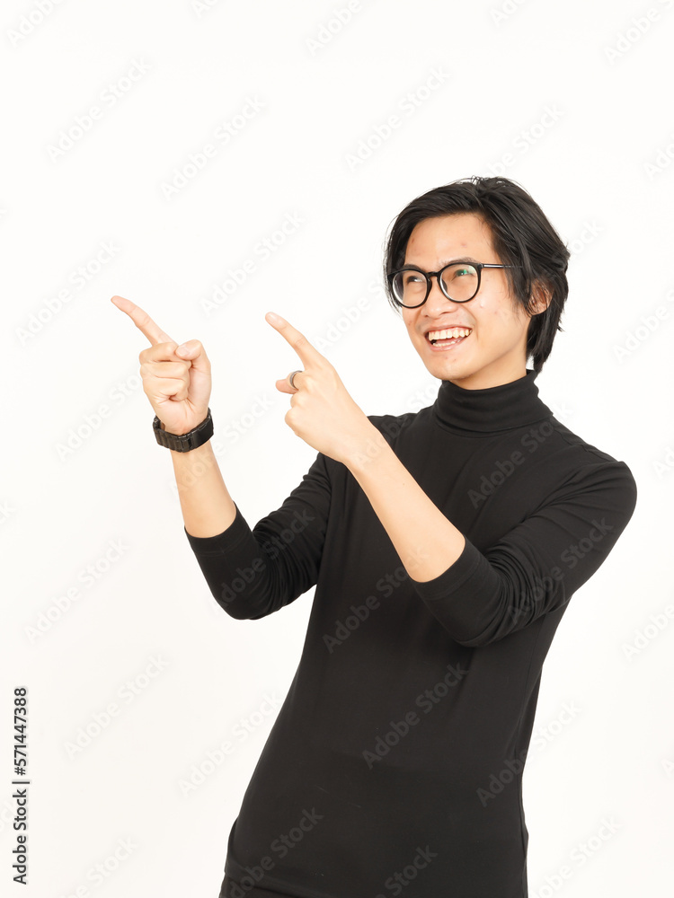 Showing Product and Pointing Side using forefinger Of Handsome Asian Man Isolated On White Showing Product and Pointing Side using forefinger Of Handsome Asian Man Isolated On White