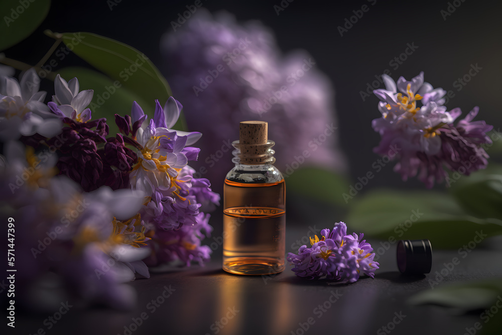 Unique and aromatic oil for body care. Lilac flower products photography made with Generative AI Unique and aromatic oil for body care. Lilac flower products photography made with Generative AI