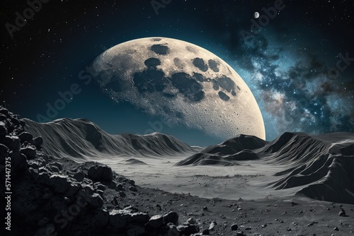 Moon surface and lunar scenery with the Milky Way galaxy in the distance ( space illustration banner). Generative AI photo