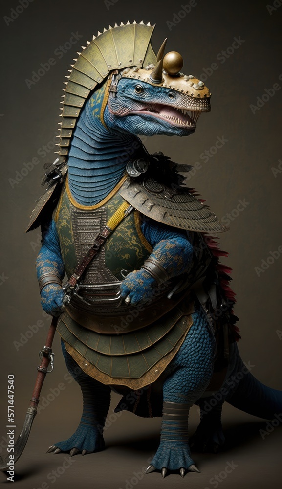 Majestic Animal Dinosaur Shogun in Samurai Armor: A Depiction of Japanese Culture, Armor, Feudal Japan, Bushido, Warrior, Castle, Shogun, Feudal Lord, Ronin (generative AI)