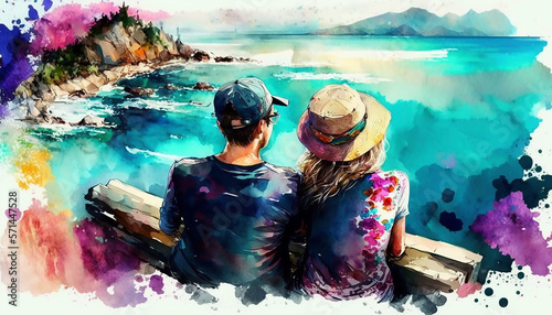 Painting watercolor seascape Top view colorful of lovers, family. photo
