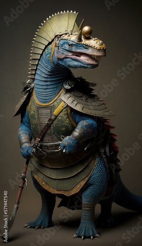 Majestic Animal Dinosaur Shogun in Samurai Armor: A Depiction of Japanese Culture, Armor, Feudal Japan, Bushido, Warrior, Castle, Shogun, Feudal Lord, Ronin (generative AI)